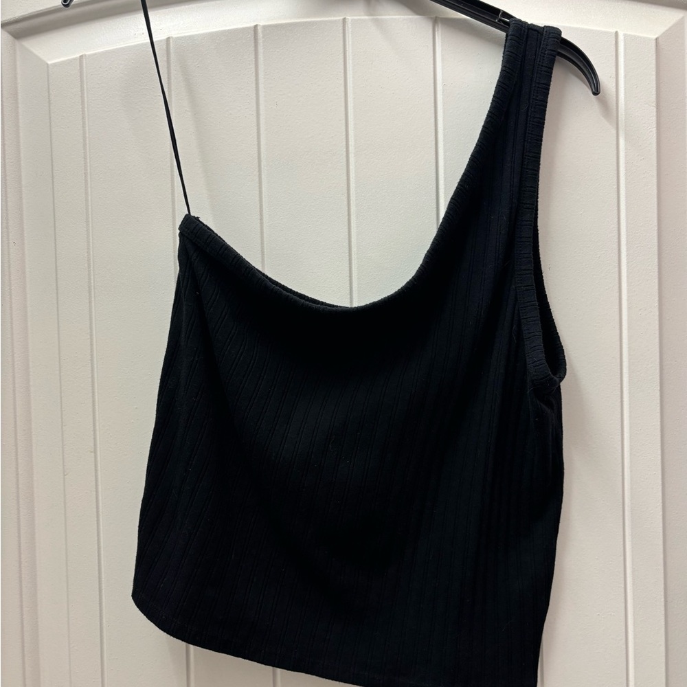 American Eagle Ribbed One-Shoulder Black Tank Top